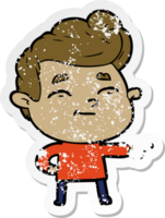 distressed sticker of a happy cartoon man pointing png