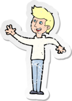 retro distressed sticker of a cartoon man waving png