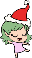 desenho de linha feliz de uma garota elfa usando chapéu de papai noel png