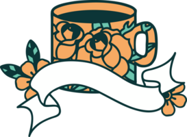 tattoo with banner of a cup and flowers png