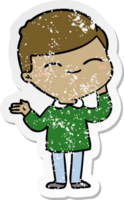 distressed sticker of a cartoon shy smiling boy png