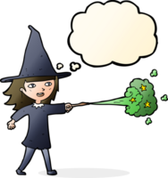 cartoon witch girl casting spell with thought bubble png