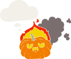 dibujos animados de calabaza de halloween en llamas y burbuja de pensamiento en estilo retro png