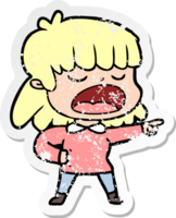 distressed sticker of a cartoon woman talking loudly png