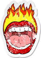 retro distressed sticker of a cartoon flaming mouth symbol png