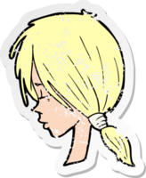 retro distressed sticker of a cartoon girl looking thoughtful png