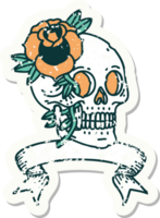 pegatina grunge con una pancarta de una calavera y una rosa png