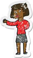 retro distressed sticker of a cartoon woman explaining png