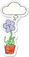 fleur de dessin animé mignon et bulle de pensée comme un autocollant usé en détresse png