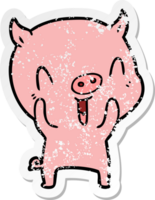 distressed sticker of a happy cartoon pig png