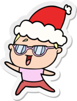 sticker cartoon of a happy woman wearing spectacles wearing santa hat png