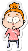 distressed sticker of a cartoon happy old woman png