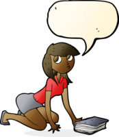 cartoon girl picking up book with speech bubble png