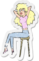 adesivo retrô angustiado de uma mulher de desenho animado posando no banquinho png