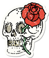 traditional distressed sticker tattoo of a skull and rose png