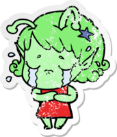 distressed sticker of a cartoon crying alien girl png