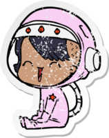 distressed sticker of a happy cartoon space girl png