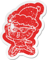 cartoon distressed sticker of a happy woman wearing spectacles wearing santa hat png