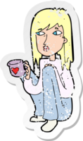retro distressed sticker of a cartoon woman sitting with cup of coffee png