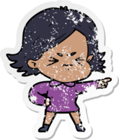 distressed sticker of a cartoon angry woman png