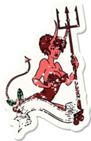 distressed sticker tattoo of a pinup devil girl with banner png