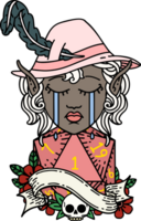 crying elf bard character face with natural one d20 dice roll illustration png