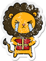 distressed sticker of a cartoon crying lion with gift png