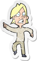 retro distressed sticker of a cartoon worried man pointing png