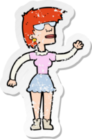 retro distressed sticker of a cartoon woman in spectacles waving png