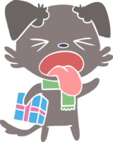 flat color style cartoon disgusted dog with christmas gift png