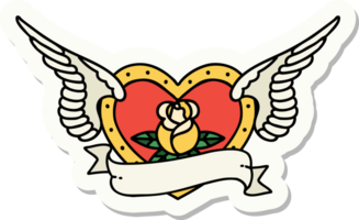 tattoo style sticker of a flying heart with flowers and banner png