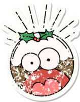 grunge sticker of tattoo style shocked christmas pudding png