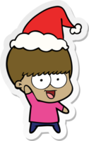 heureux, autocollant, dessin animé, de, a, garçon, onduler, porter, bonnet noel png