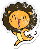 distressed sticker of a happy cartoon lion png