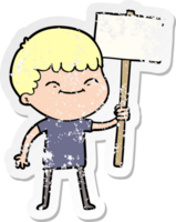 distressed sticker of a cartoon smiling boy with placard png