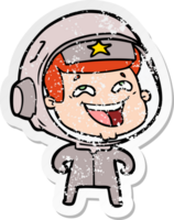 distressed sticker of a cartoon laughing astronaut png