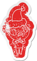 cartoon distressed sticker of a bearded man crying wearing santa hat png