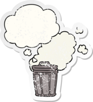 cartoon stinky garbage can and thought bubble as a distressed worn sticker png