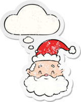 Cartoon-Weihnachtsmann und Gedankenblase als beunruhigter, abgenutzter Aufkleber png