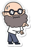 sticker of a cartoon worried man with beard and spectacles pointing finger png