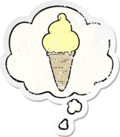 sorvete de desenho animado e balão de pensamento como um adesivo desgastado png