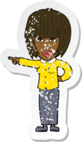 retro distressed sticker of a cartoon pointing annoyed woman png