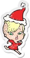 hand drawn distressed sticker cartoon of a surprised girl wearing santa hat png