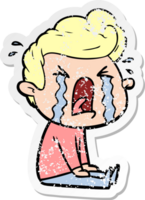 distressed sticker of a cartoon crying man png