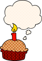 cartoon birthday cupcake with thought bubble in comic book style png