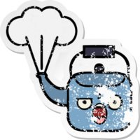 distressed sticker of a cute cartoon steaming kettle png