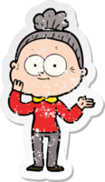 distressed sticker of a cartoon happy old woman png