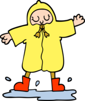 hand dragen klotter stil tecknad serie person stänk i pöl bär regn täcka png