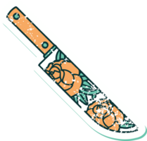 iconic distressed sticker tattoo style image of a dagger and flowers png