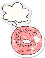 dibujos animados rosquilla con pensamiento burbuja como un afligido desgastado pegatina png